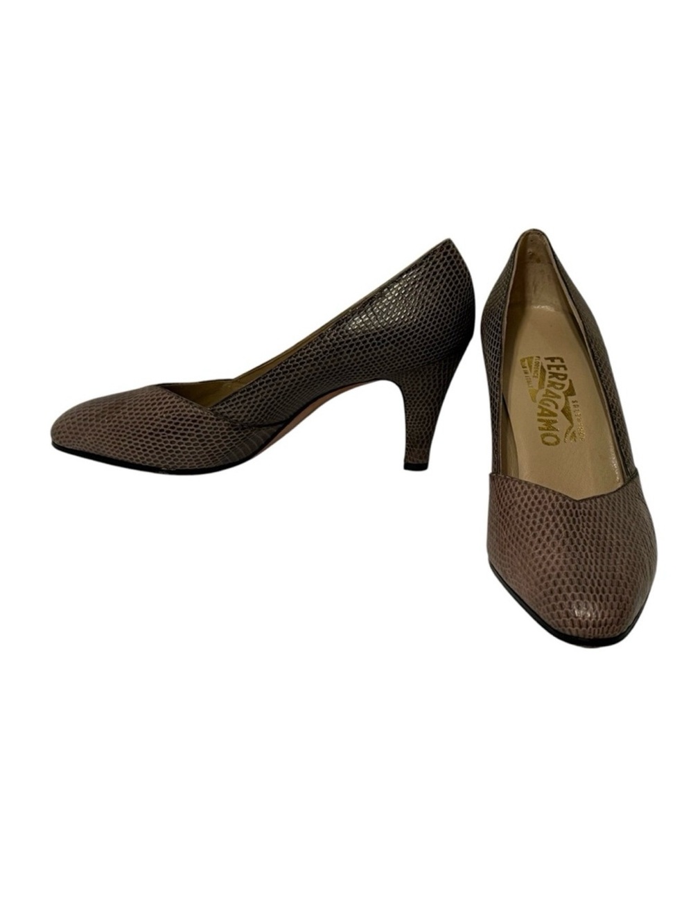 SALVATORE FERRAGAMO SHOES HEEL GRAY LEATHER PUMPS ITALY LUXURY SIZE 7.5 C NEW